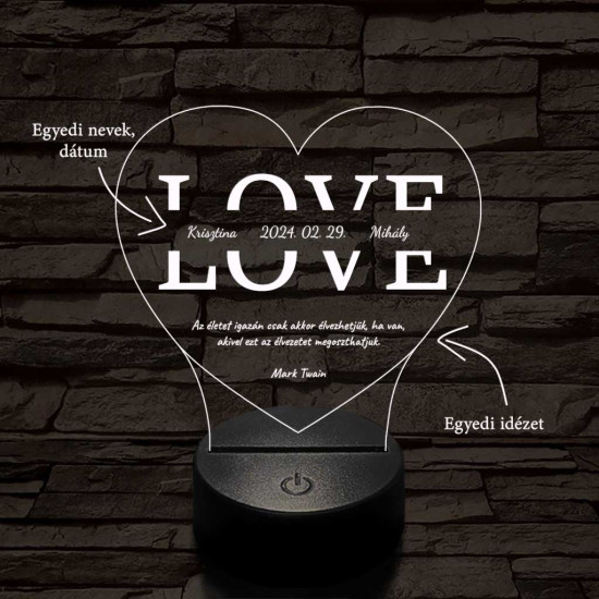 Egyedi esküvős, Valentinos szív-alakú beírós LOVE szív-forma 7 színű 3D led lámpa