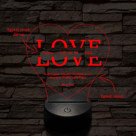 Egyedi esküvős, Valentinos szív-alakú beírós LOVE szív-forma 7 színű 3D led lámpa