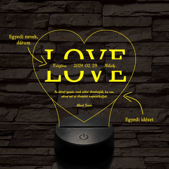 Egyedi esküvős, Valentinos szív-alakú beírós LOVE szív-forma 7 színű 3D led lámpa