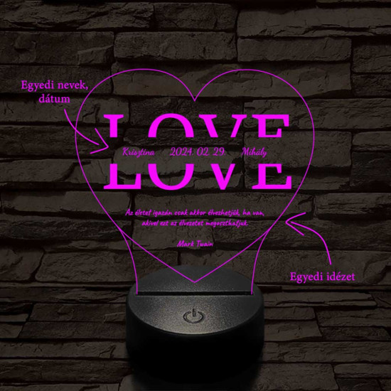 Egyedi esküvős, Valentinos szív-alakú beírós LOVE szív-forma 7 színű 3D led lámpa
