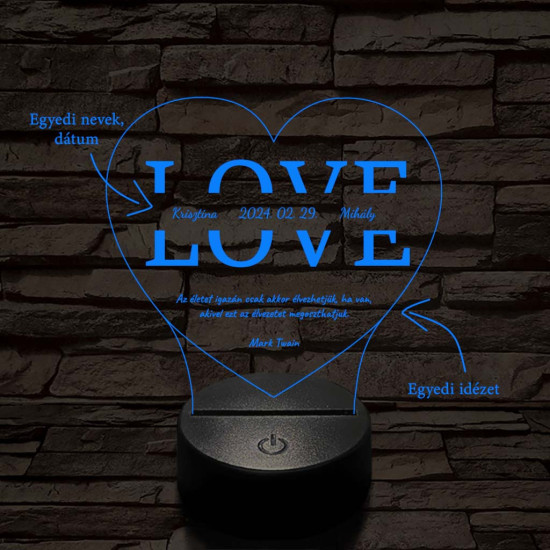 Egyedi esküvős, Valentinos szív-alakú beírós LOVE szív-forma 7 színű 3D led lámpa