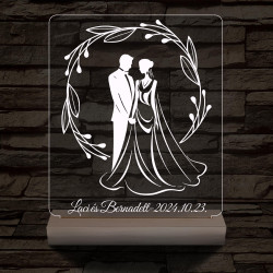 Esküvői pár babér koszorúban személyre szabott 20 cm fa talppal 7 színű 3D led lámpa