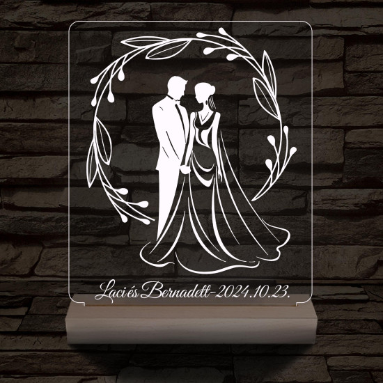 Esküvői pár babér koszorúban személyre szabott 20 cm fa talppal 7 színű 3D led lámpa