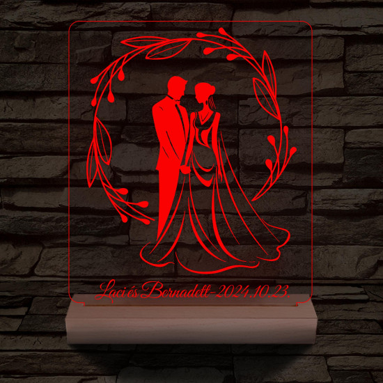 Esküvői pár babér koszorúban személyre szabott 20 cm fa talppal 7 színű 3D led lámpa