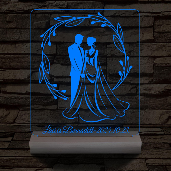Esküvői pár babér koszorúban személyre szabott 20 cm fa talppal 7 színű 3D led lámpa