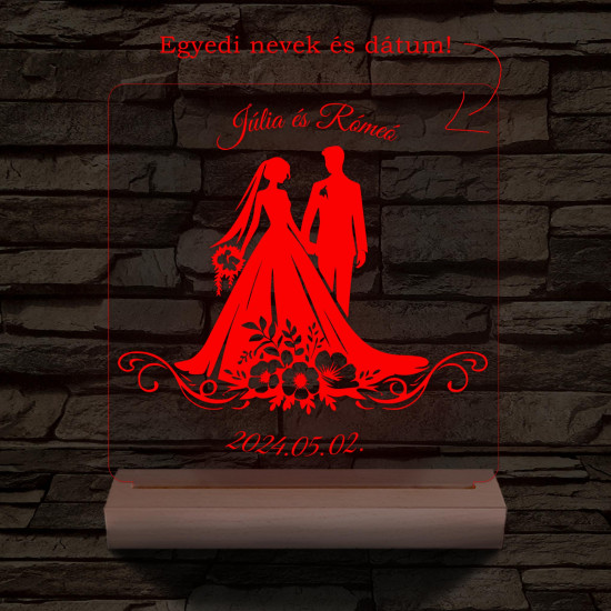 Esküvő Rómeó és Júlia egy pár személyre szabott 20 cm fa talppal 7 színű 3D led lámpa