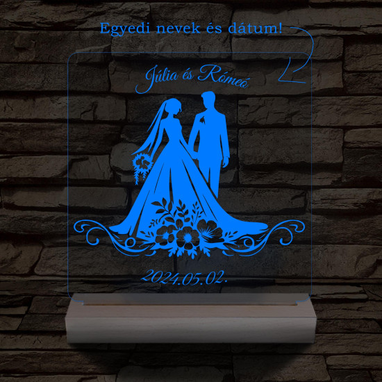 Esküvő Rómeó és Júlia egy pár személyre szabott 20 cm fa talppal 7 színű 3D led lámpa