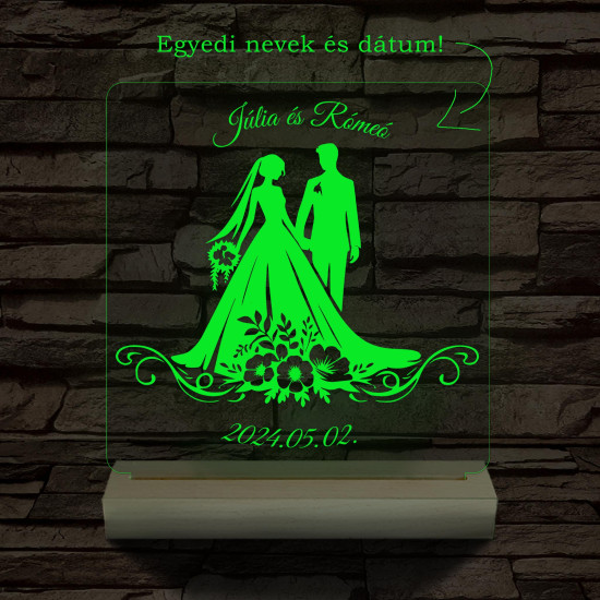 Esküvő Rómeó és Júlia egy pár személyre szabott 20 cm fa talppal 7 színű 3D led lámpa