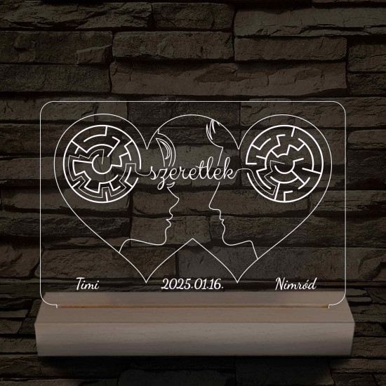 Két szív, két arc, két név személyre szabott fatalppal 7 színű 3D led lámpa