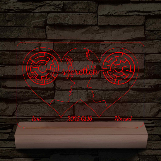 Két szív, két arc, két név személyre szabott fatalppal 7 színű 3D led lámpa