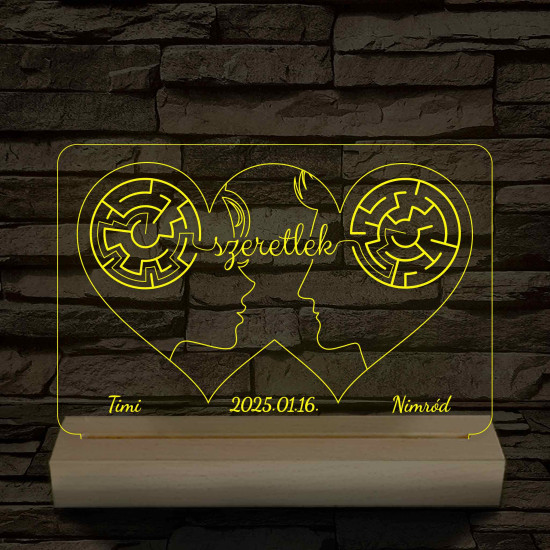 Két szív, két arc, két név személyre szabott fatalppal 7 színű 3D led lámpa