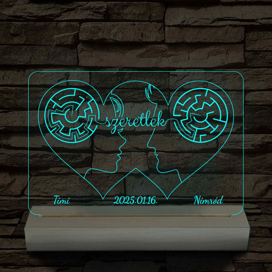Két szív, két arc, két név személyre szabott fatalppal 7 színű 3D led lámpa