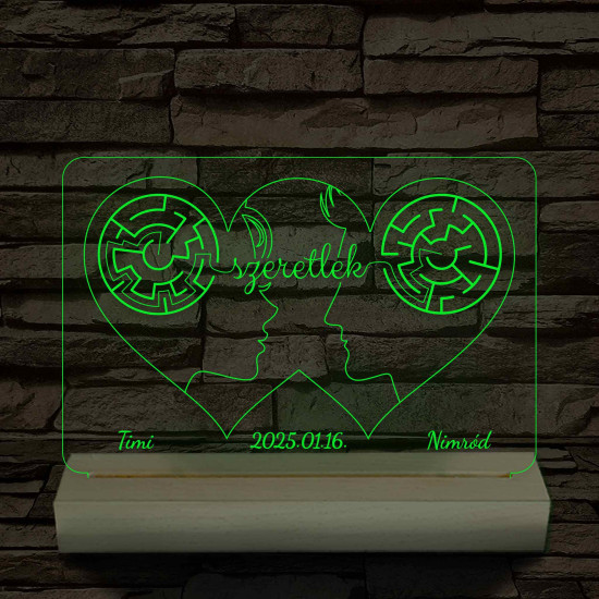 Két szív, két arc, két név személyre szabott fatalppal 7 színű 3D led lámpa