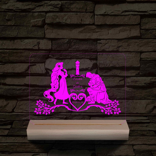Esküvő, Hercegnő és Lovagja  személyre szabott 20 cm fa talppal 7 színű 3D led lámpa