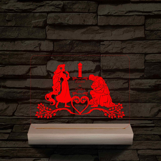 Esküvő, Hercegnő és Lovagja  személyre szabott 20 cm fa talppal 7 színű 3D led lámpa