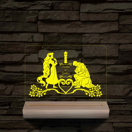 Esküvő, Hercegnő és Lovagja  személyre szabott 20 cm fa talppal 7 színű 3D led lámpa