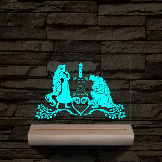 Esküvő, Hercegnő és Lovagja  személyre szabott 20 cm fa talppal 7 színű 3D led lámpa