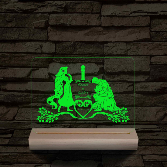 Esküvő, Hercegnő és Lovagja  személyre szabott 20 cm fa talppal 7 színű 3D led lámpa