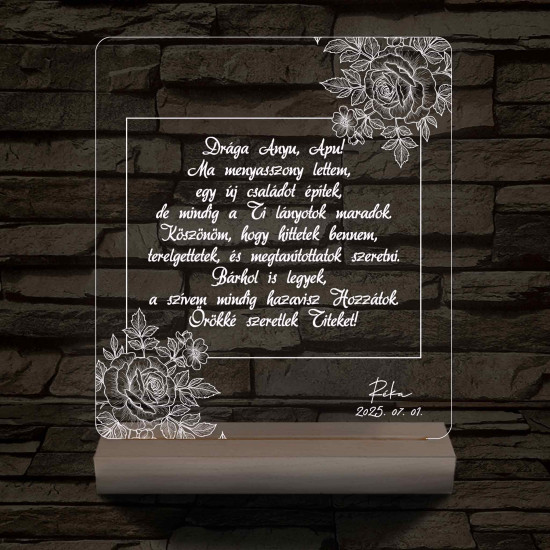 Szülőköszöntő – Rózsás „Drága Anyu, Apu!” – 7 színű, színváltós 3D LED lámpa