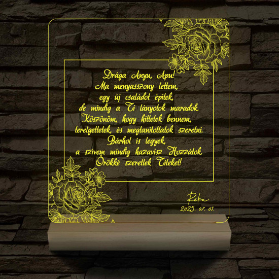 Szülőköszöntő – Rózsás „Drága Anyu, Apu!” – 7 színű, színváltós 3D LED lámpa