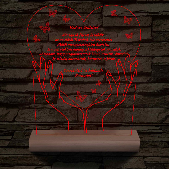 Szülőköszöntő – Két kézben szív pillangókkal – 7 színű, színváltós 3D LED lámpa