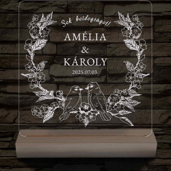 Esküvői Virágkoszorús Madárpár – 7 színű, színváltós 3D LED lámpa