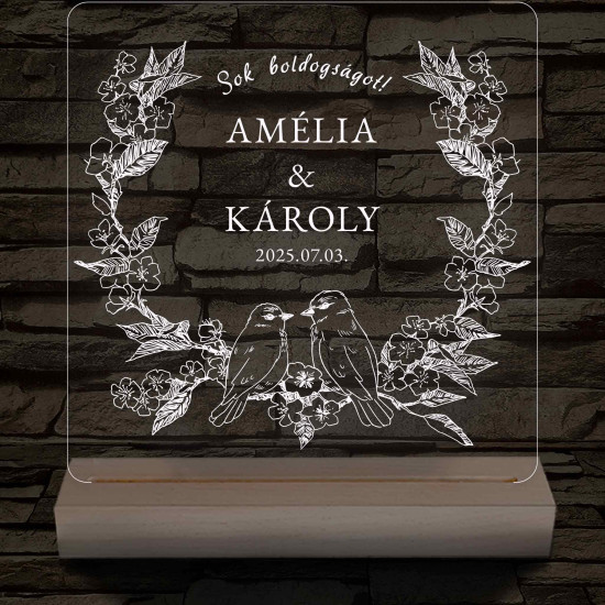 Esküvői Virágkoszorús Madárpár – 7 színű, színváltós 3D LED lámpa