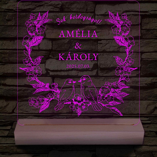 Esküvői Virágkoszorús Madárpár – 7 színű, színváltós 3D LED lámpa