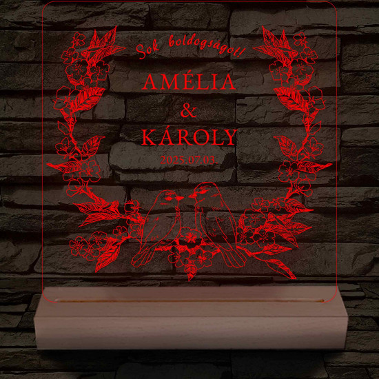 Esküvői Virágkoszorús Madárpár – 7 színű, színváltós 3D LED lámpa