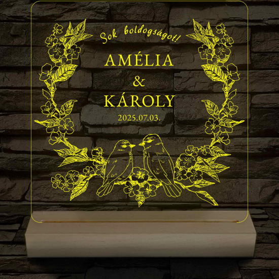 Esküvői Virágkoszorús Madárpár – 7 színű, színváltós 3D LED lámpa