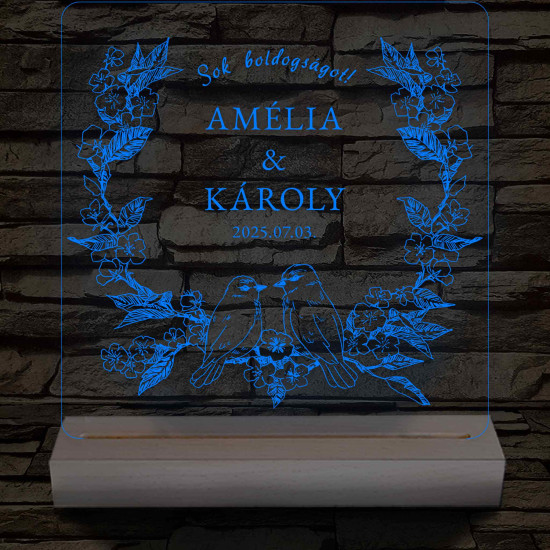 Esküvői Virágkoszorús Madárpár – 7 színű, színváltós 3D LED lámpa