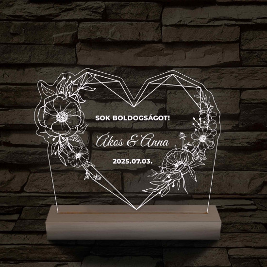 Szív Virágkoszorúval – Esküvői & Évfordulós Köszöntő – 7 színű, színváltós 3D LED lámpa