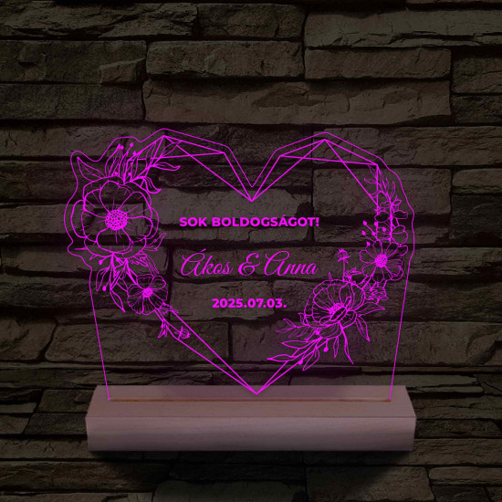 Szív Virágkoszorúval – Esküvői & Évfordulós Köszöntő – 7 színű, színváltós 3D LED lámpa