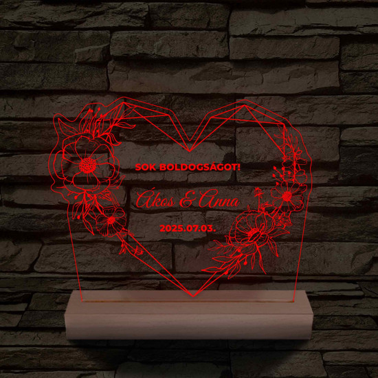 Szív Virágkoszorúval – Esküvői & Évfordulós Köszöntő – 7 színű, színváltós 3D LED lámpa