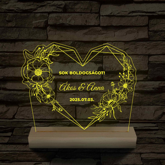 Szív Virágkoszorúval – Esküvői & Évfordulós Köszöntő – 7 színű, színváltós 3D LED lámpa