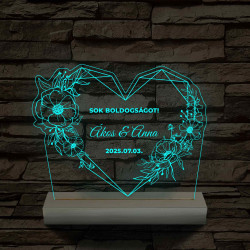 Szív Virágkoszorúval – Esküvői & Évfordulós Köszöntő – 7 színű, színváltós 3D LED lámpa