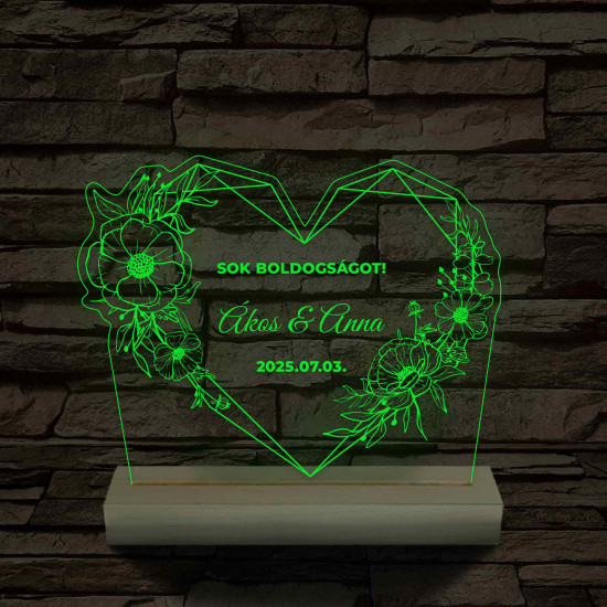 Szív Virágkoszorúval – Esküvői & Évfordulós Köszöntő – 7 színű, színváltós 3D LED lámpa