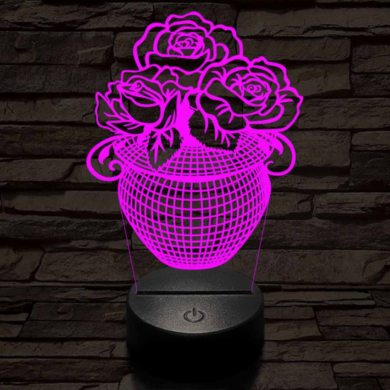 Rózsacsokor-vázában 7 színű 3D led lámpa