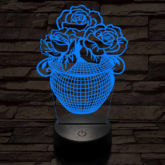 Rózsacsokor-vázában 7 színű 3D led lámpa