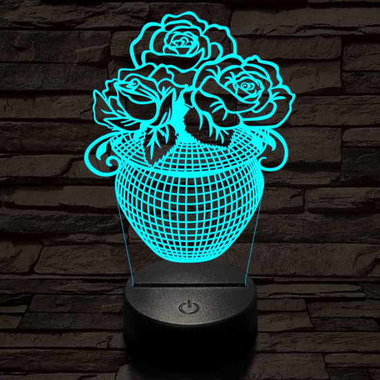 Rózsacsokor-vázában 7 színű 3D led lámpa