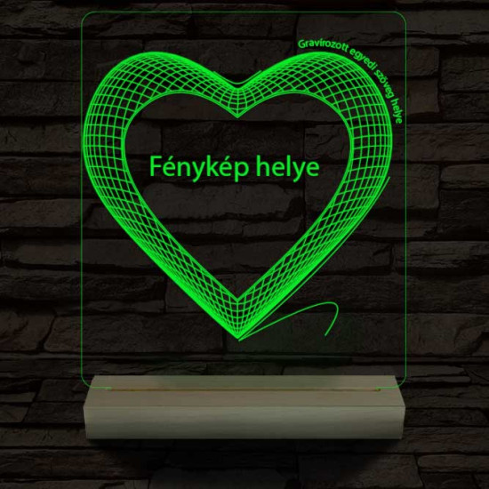 Hálós szív gravírozható képpel és szöveggel, egyedi fotógravírozás fatalppal 7 színű 3D led lámpa