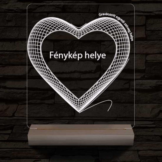 Hálós szív gravírozható képpel és szöveggel, egyedi fotógravírozás fatalppal 7 színű 3D led lámpa