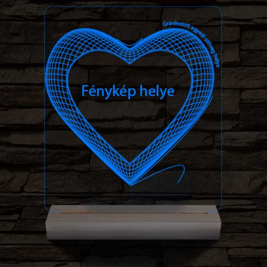 Hálós szív gravírozható képpel és szöveggel, egyedi fotógravírozás fatalppal 7 színű 3D led lámpa