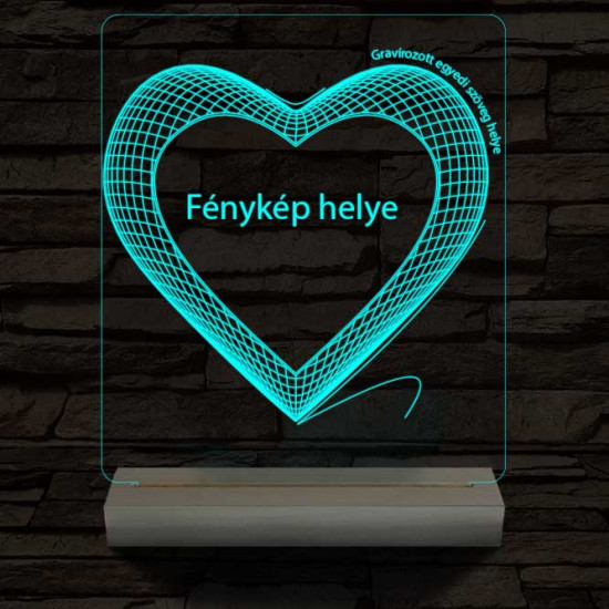 Hálós szív gravírozható képpel és szöveggel, egyedi fotógravírozás fatalppal 7 színű 3D led lámpa