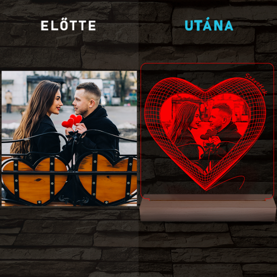 Hálós szív gravírozható képpel és szöveggel, egyedi fotógravírozás fatalppal 7 színű 3D led lámpa