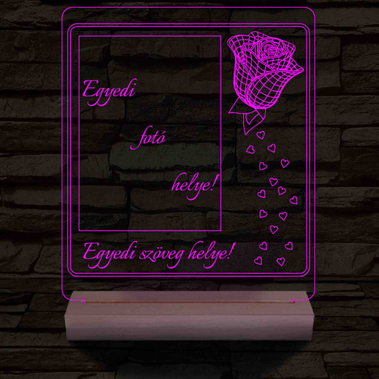 Egyedi fotógravírozás rózsával fatalp 7 színű 3D led lámpa