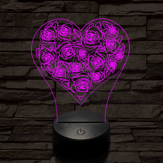 Rózsák a szívben 7 színű 3D led lámpa