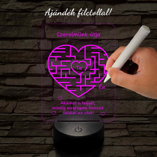 A szerelem labirintusa, szív alakú-szögletes 7 színű 3D led lámpa filccel