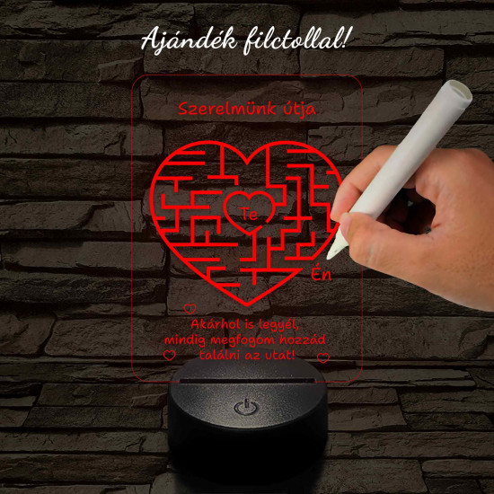 A szerelem labirintusa, szív alakú-szögletes 7 színű 3D led lámpa filccel