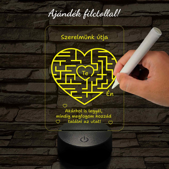 A szerelem labirintusa, szív alakú-szögletes 7 színű 3D led lámpa filccel